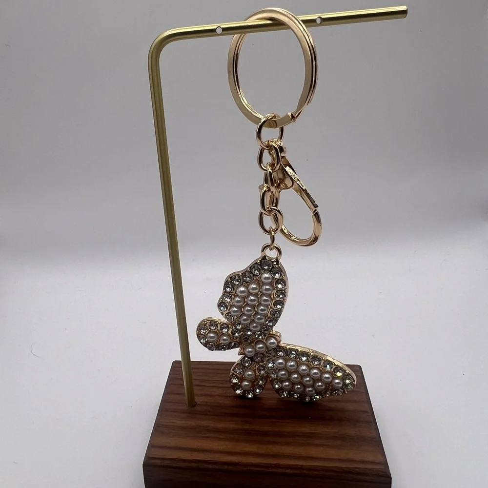 Brand New Gold Butterfly Keychain Faux Pearls and lots of Sparkle